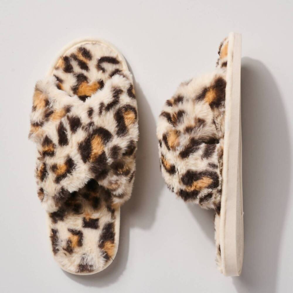 NEW AVENUE ZOE women's criss cross fur slippers in leopard beige